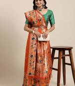 orange orange woven design zari silk blend paithani saree