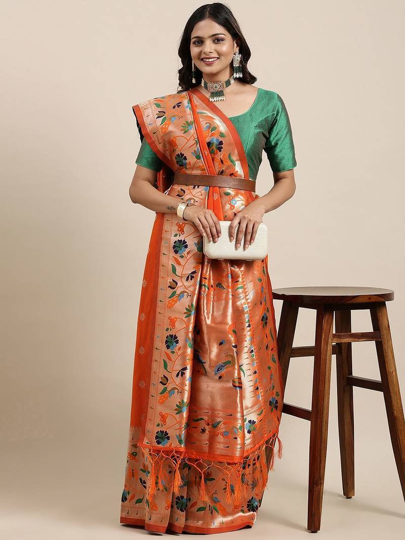 orange orange woven design zari silk blend paithani saree