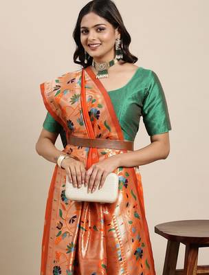 orange orange woven design zari silk blend paithani saree 2