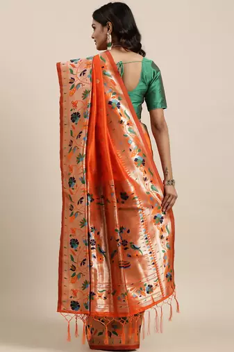 orange orange woven design zari silk blend paithani saree