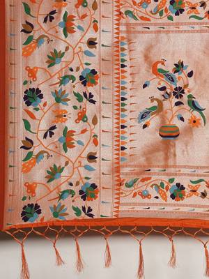 orange orange woven design zari silk blend paithani saree 5