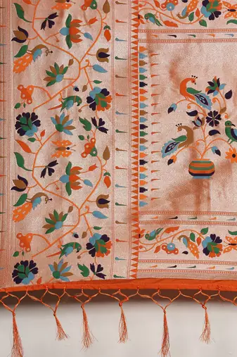 orange orange woven design zari silk blend paithani saree