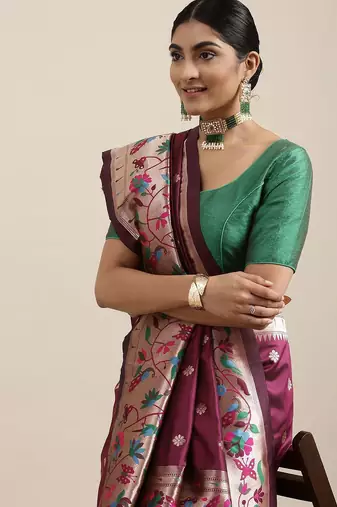 maroon maroon & golden ethnic motifs silk blend saree