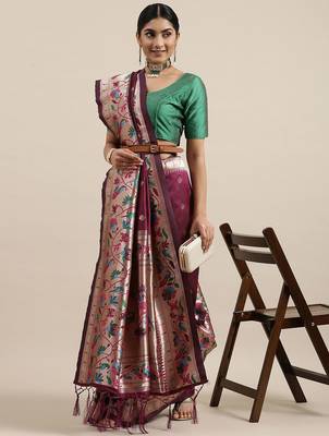 maroon maroon & golden ethnic motifs silk blend saree 2