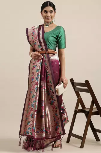 maroon maroon & golden ethnic motifs silk blend saree