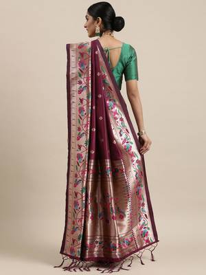 maroon maroon & golden ethnic motifs silk blend saree 3