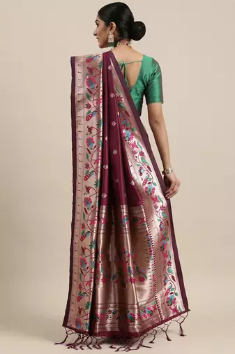 maroon maroon & golden ethnic motifs silk blend saree