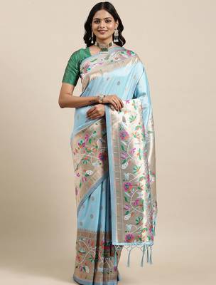 blue blue woven design zari silk blend paithani saree 1