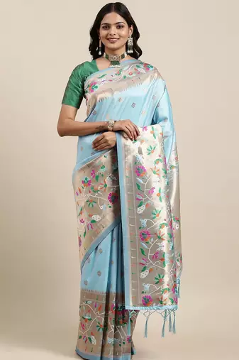 blue blue woven design zari silk blend paithani saree