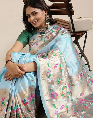 blue blue woven design zari silk blend paithani saree 2