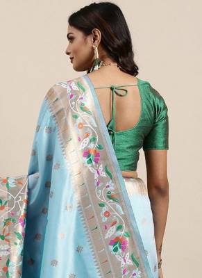 blue blue woven design zari silk blend paithani saree 3