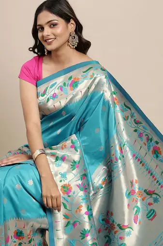 blue blue woven design zari silk blend paithani saree