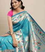 blue blue woven design zari silk blend paithani saree