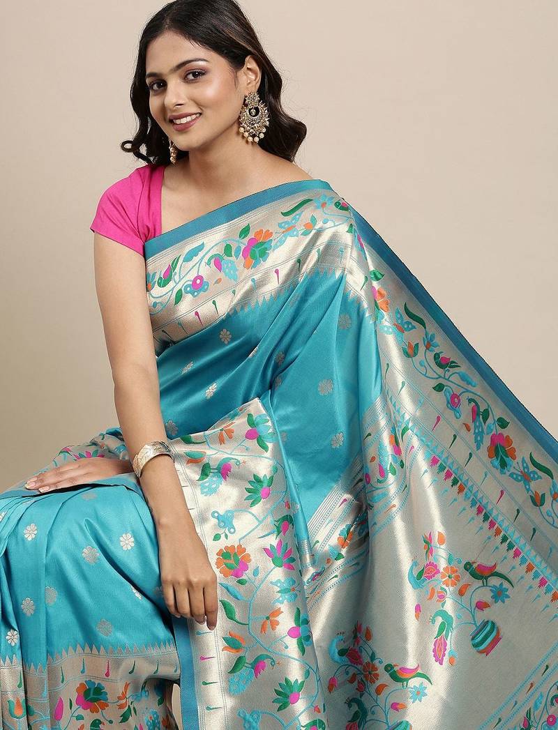 blue blue woven design zari silk blend paithani saree