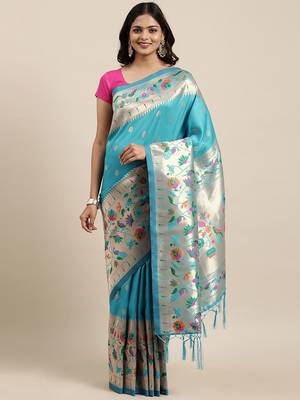blue blue woven design zari silk blend paithani saree 2
