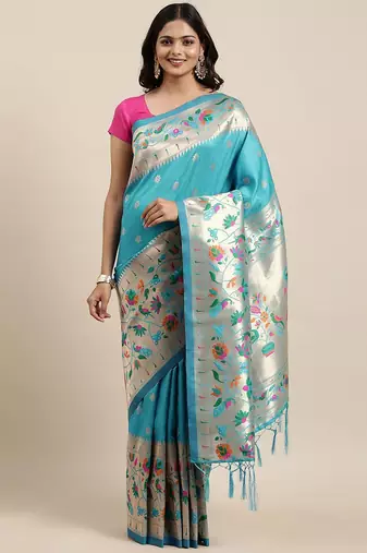 blue blue woven design zari silk blend paithani saree