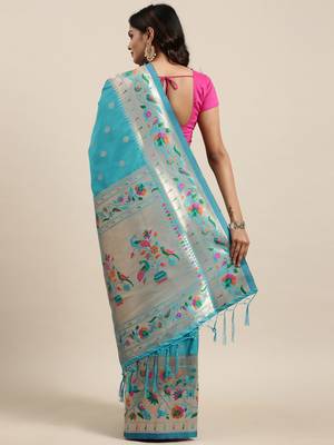 blue blue woven design zari silk blend paithani saree 3