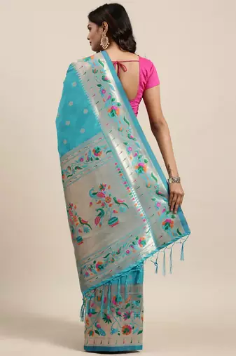 blue blue woven design zari silk blend paithani saree