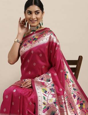 pink pink & green ethnic motifs silk blend saree 1