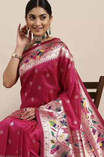 pink pink & green ethnic motifs silk blend saree