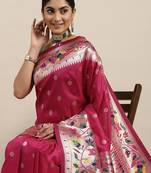 pink pink & green ethnic motifs silk blend saree