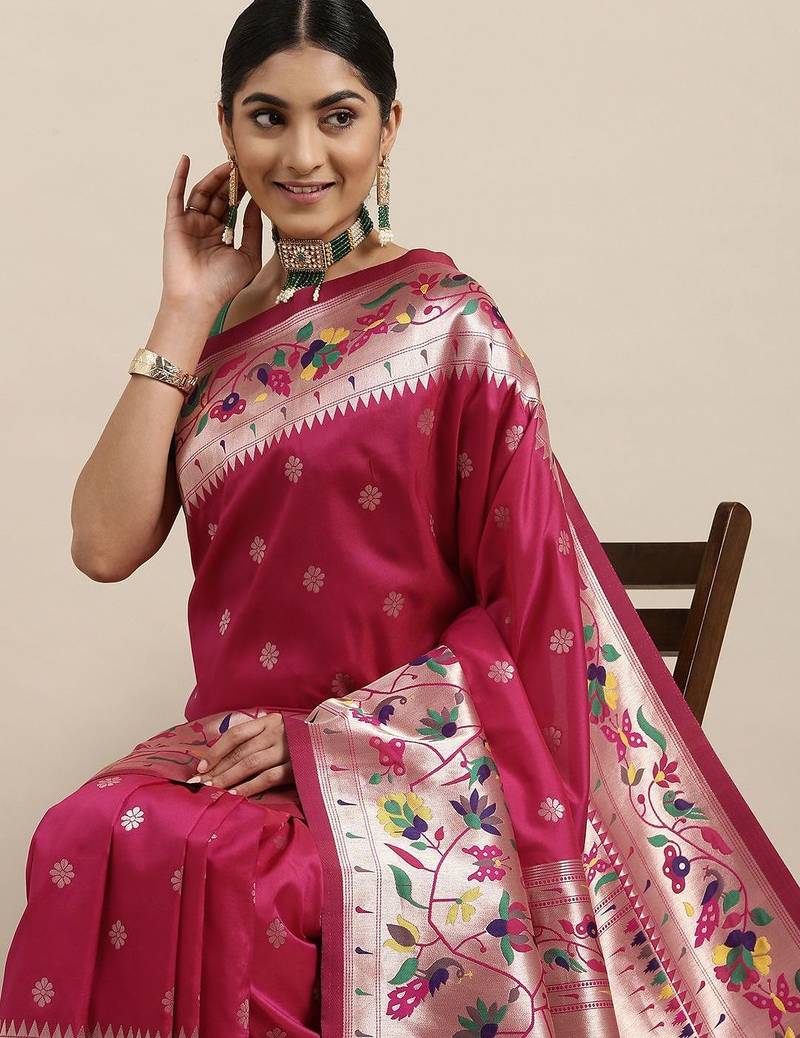 pink pink & green ethnic motifs silk blend saree