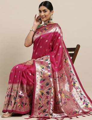 pink pink & green ethnic motifs silk blend saree 2