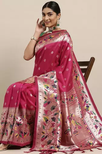 pink pink & green ethnic motifs silk blend saree