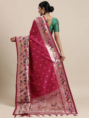 pink pink & green ethnic motifs silk blend saree 3