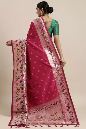 pink pink & green ethnic motifs silk blend saree