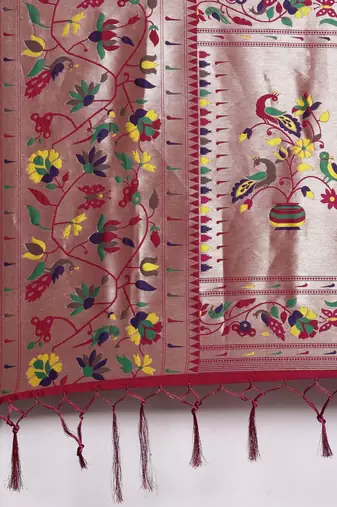 pink pink & green ethnic motifs silk blend saree