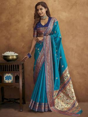 blue blue & red woven design zari silk blend paithani saree 1