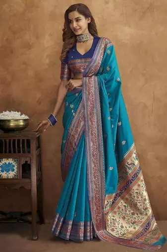 blue blue & red woven design zari silk blend paithani saree