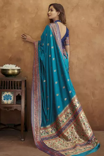 blue blue & red woven design zari silk blend paithani saree