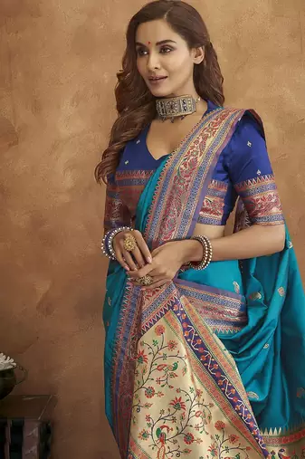 blue blue & red woven design zari silk blend paithani saree
