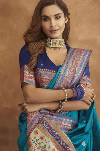 blue blue & red woven design zari silk blend paithani saree