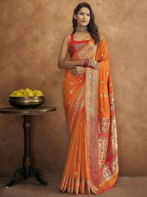 orange orange & green woven design zari paithani saree 1