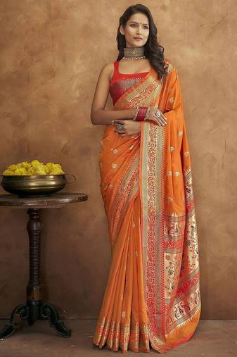 orange orange & green woven design zari paithani saree