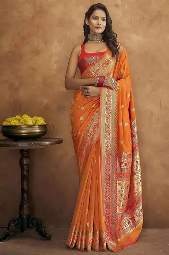 orange orange & green woven design zari paithani saree