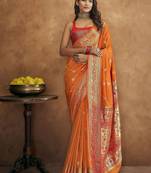 orange orange & green woven design zari paithani saree