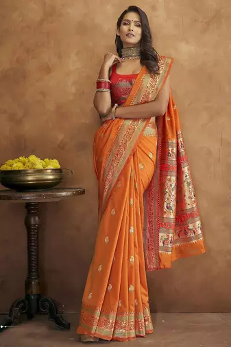 orange orange & green woven design zari paithani saree
