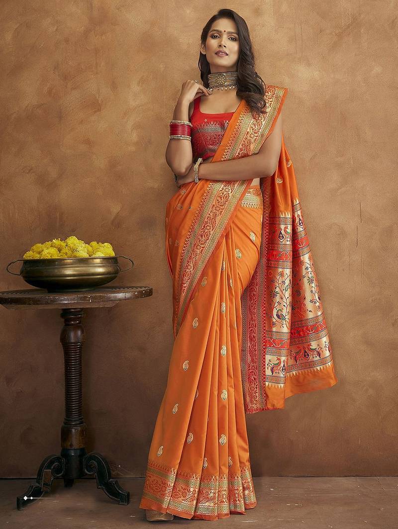 orange orange & green woven design zari paithani saree