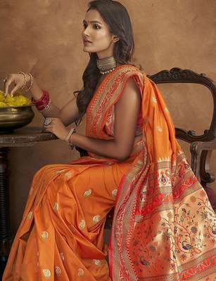 orange orange & green woven design zari paithani saree 3
