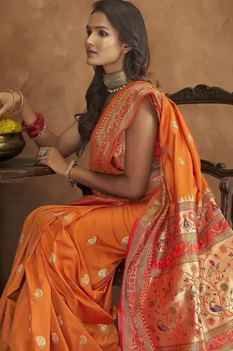 orange orange & green woven design zari paithani saree
