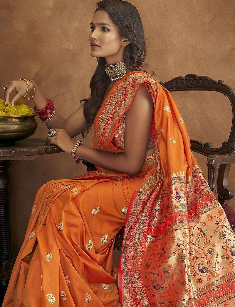 orange orange & green woven design zari paithani saree