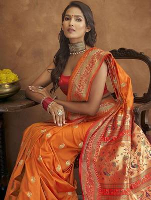 orange orange & green woven design zari paithani saree 4