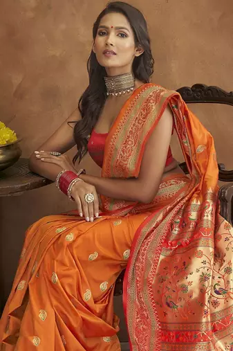 orange orange & green woven design zari paithani saree