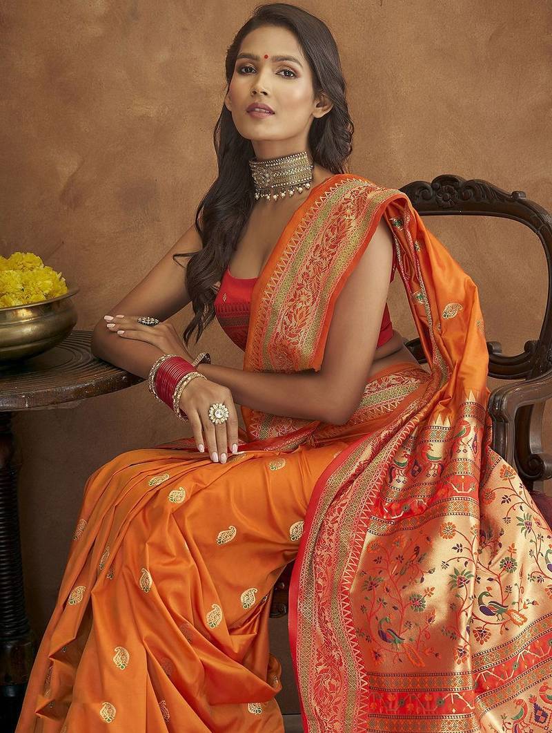 orange orange & green woven design zari paithani saree