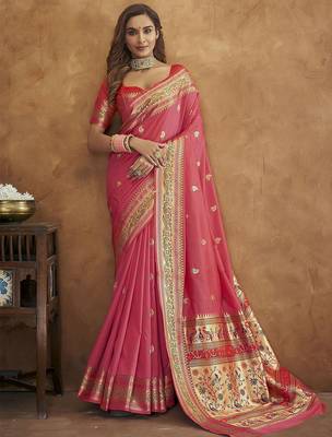 Pink pink & gold-toned ethnic motif woven design zari paithani saree 1