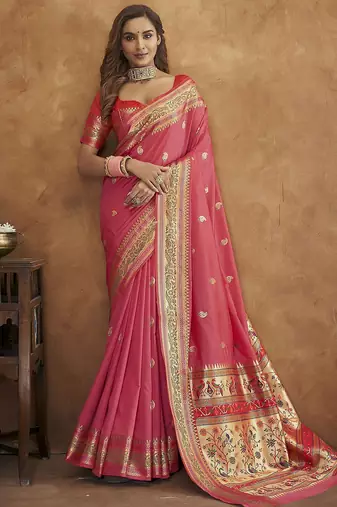 Pink pink & gold-toned ethnic motif woven design zari paithani saree